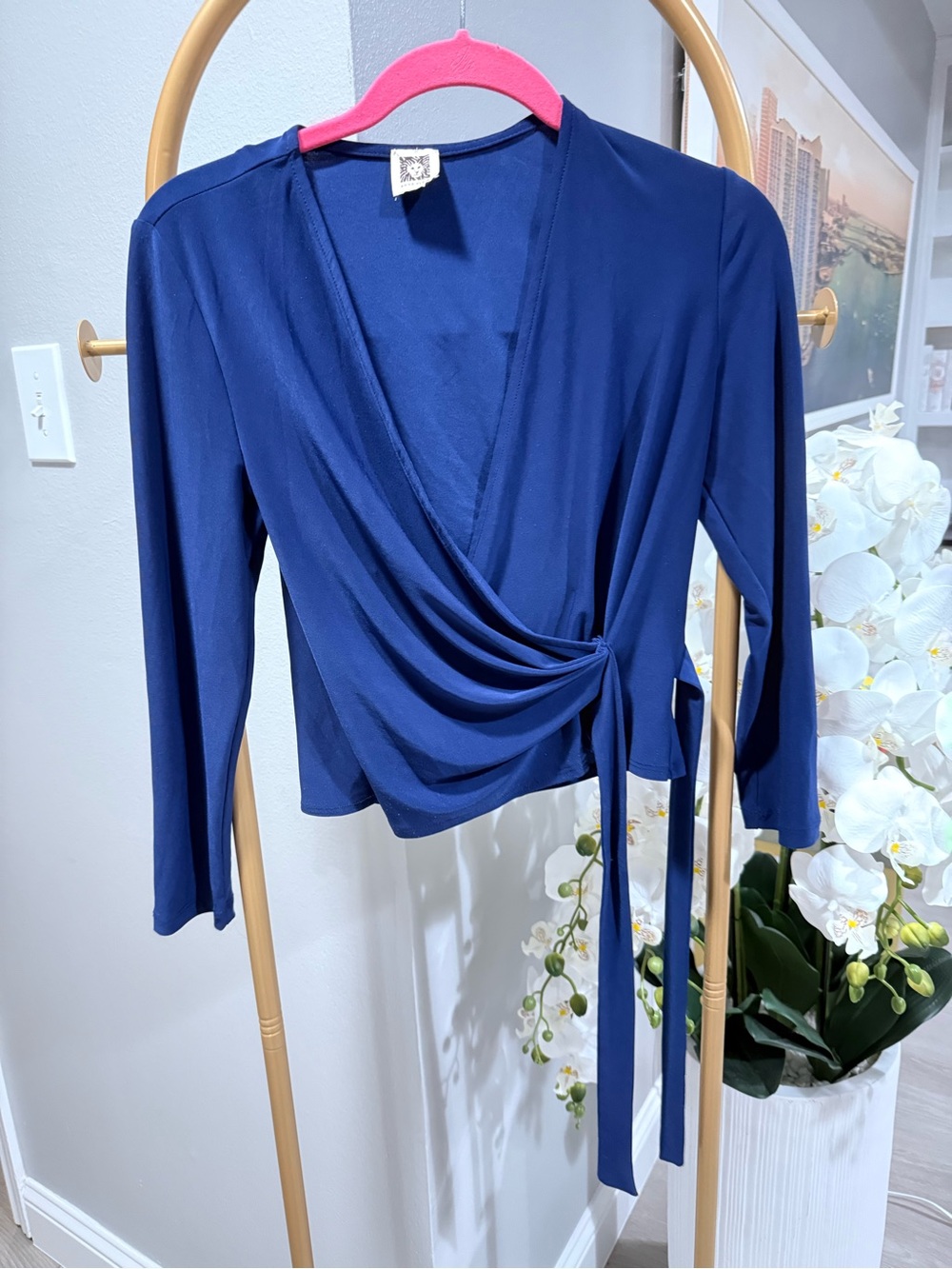 Anne Klein Blue Wrap-Front Long Sleeve Blouse size Small